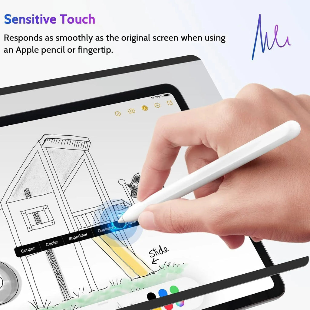 Magnetic privacy screen protector film shown attached to an iPad Pro, with narrow viewing angle effect demonstrated.