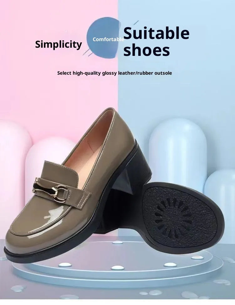 Dark green glossy women's loafers with chunky mid heel, metal buckle, and round toe, sizes 35-40.