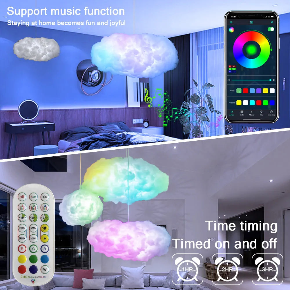 White fabric cloud-shaped pendant light with colourful RGBIC LED lighting and a USB cable.