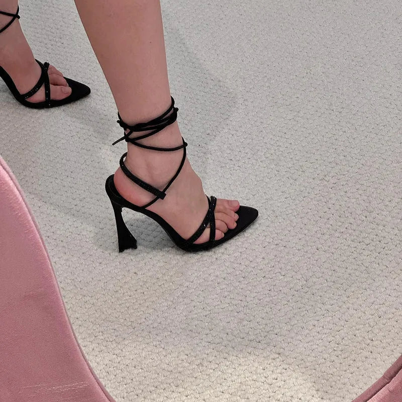 Black satin high heel sandals with cross-strap design and 8cm heel