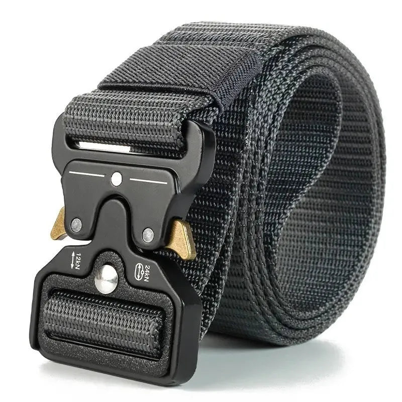Men's canvas tactical belt with alloy buckle in multiple colour options showing 120cm length