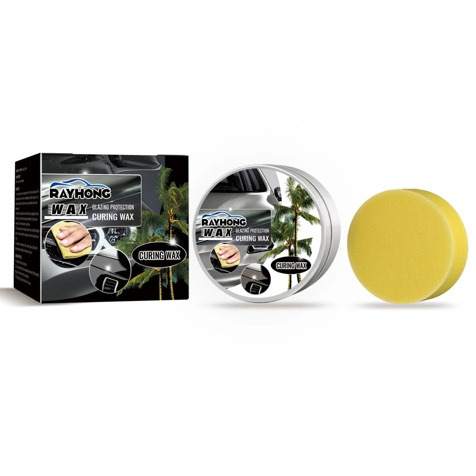 100g car coating wax tin and square sponge applicator for paint protection.