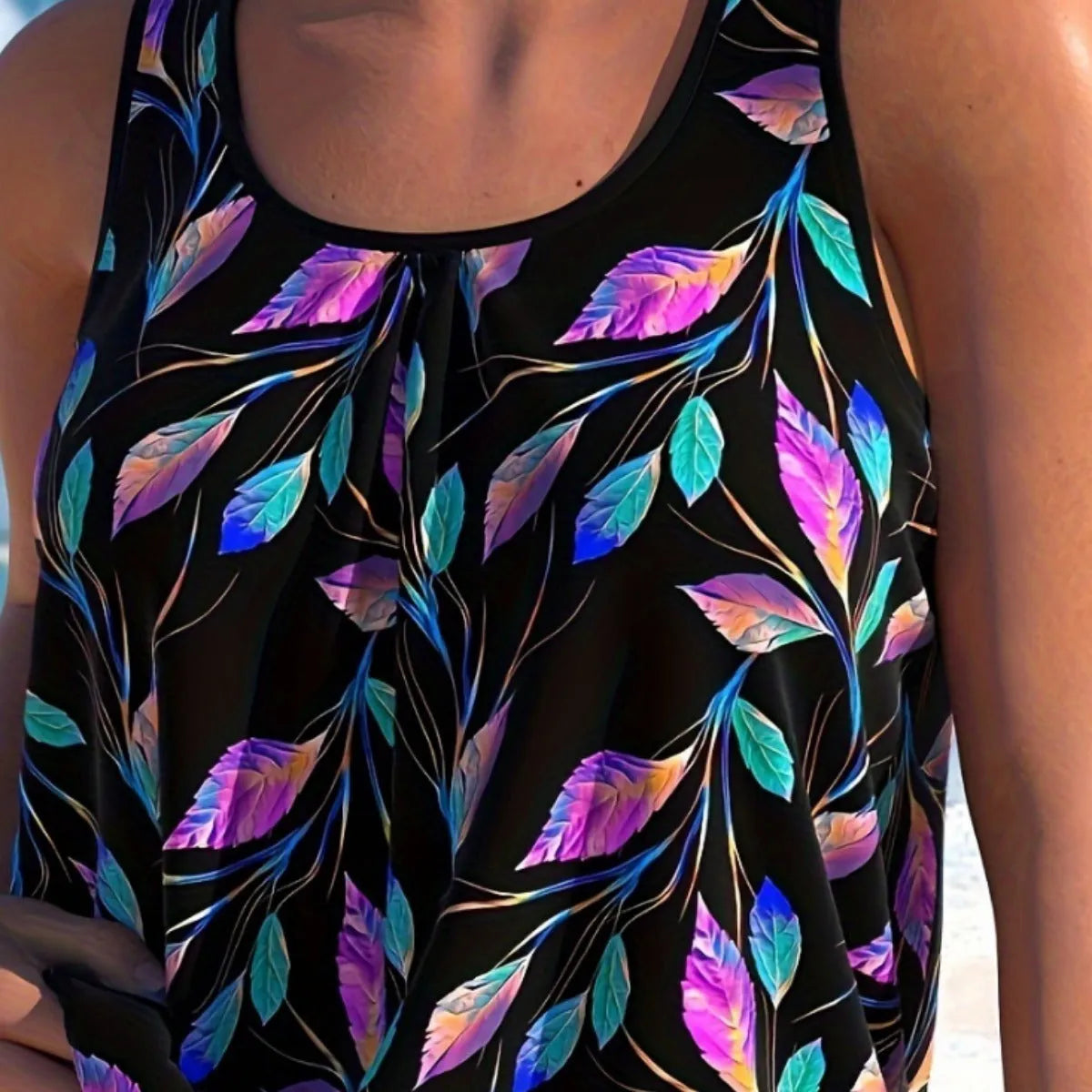 Women's leaf print swimsuit set in polyester with top and shorts in plus sizes