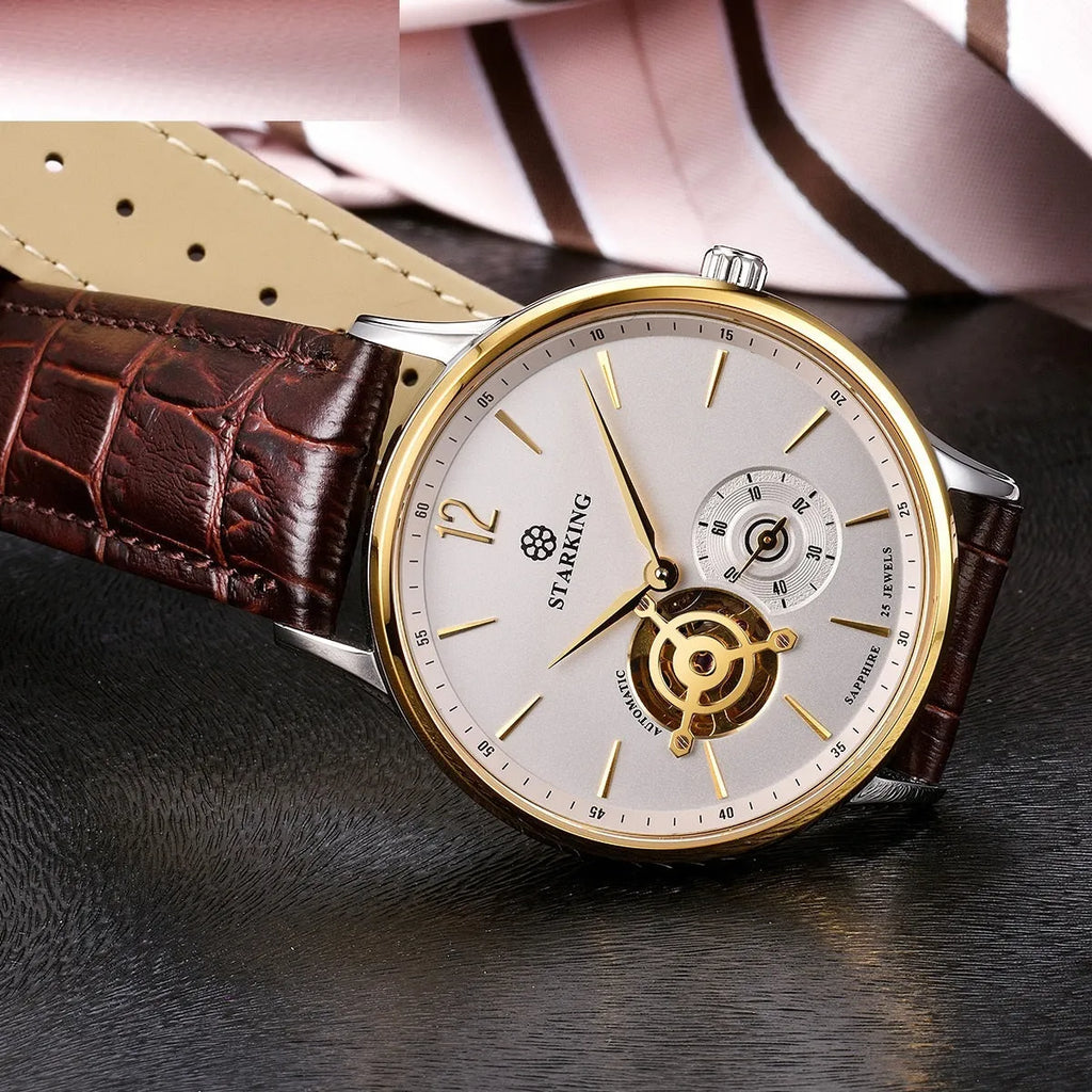 Automatic mechanical men's business watch with brown leather strap and sapphire crystal face.