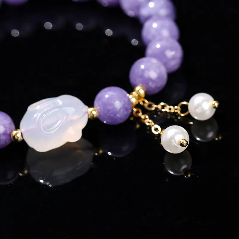Purple aquamarine chalcedony agate rabbit bracelet with geometric beads for women