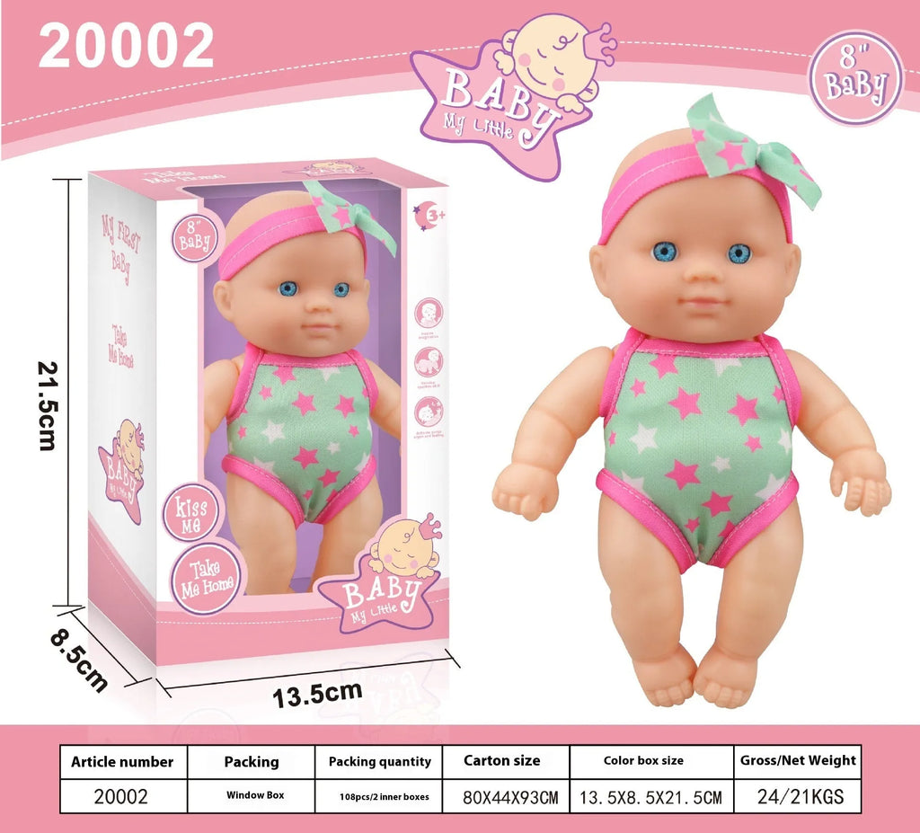 A 21.5cm tall vinyl baby figurine doll, a decorative model available in six different colour options.