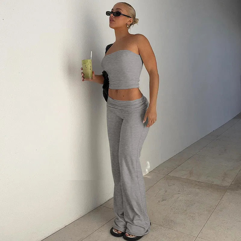 Women's tube top and flared pants suit in milk silk fabric, apricot colour, high elasticity, street fashion style