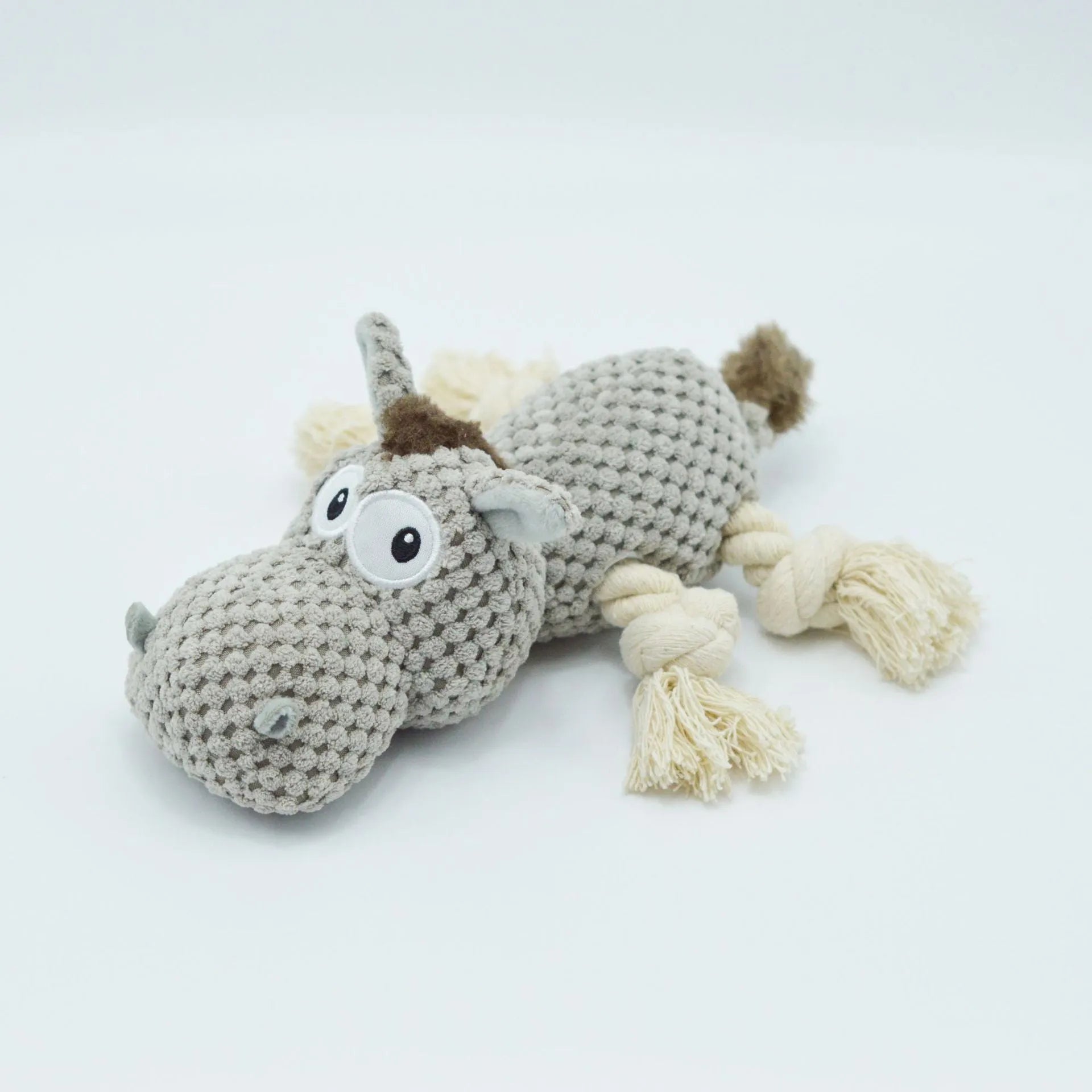 Gray donkey plush dog toy with creak sound, measuring 27 cm long