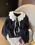 Black French style doll collar college style thick knit cardigan sweater loose fit