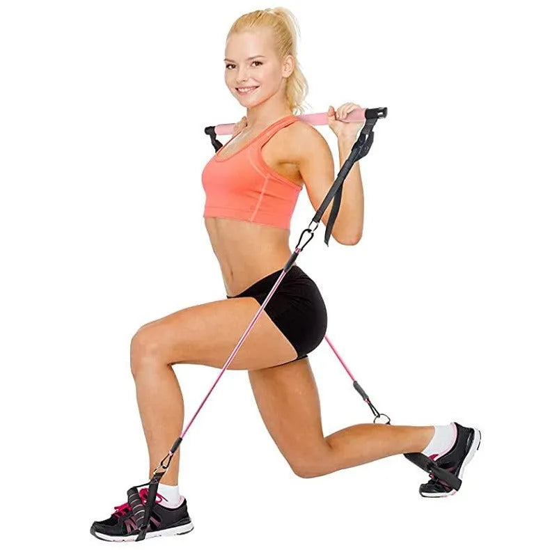 Women's rope stretch fitness stick 11-piece set in pink, purple and black TPE resistance bars