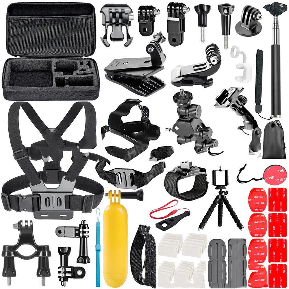 Black GoPro accessories set showing chest strap, helmet mount and tripod compatible with Hero cameras