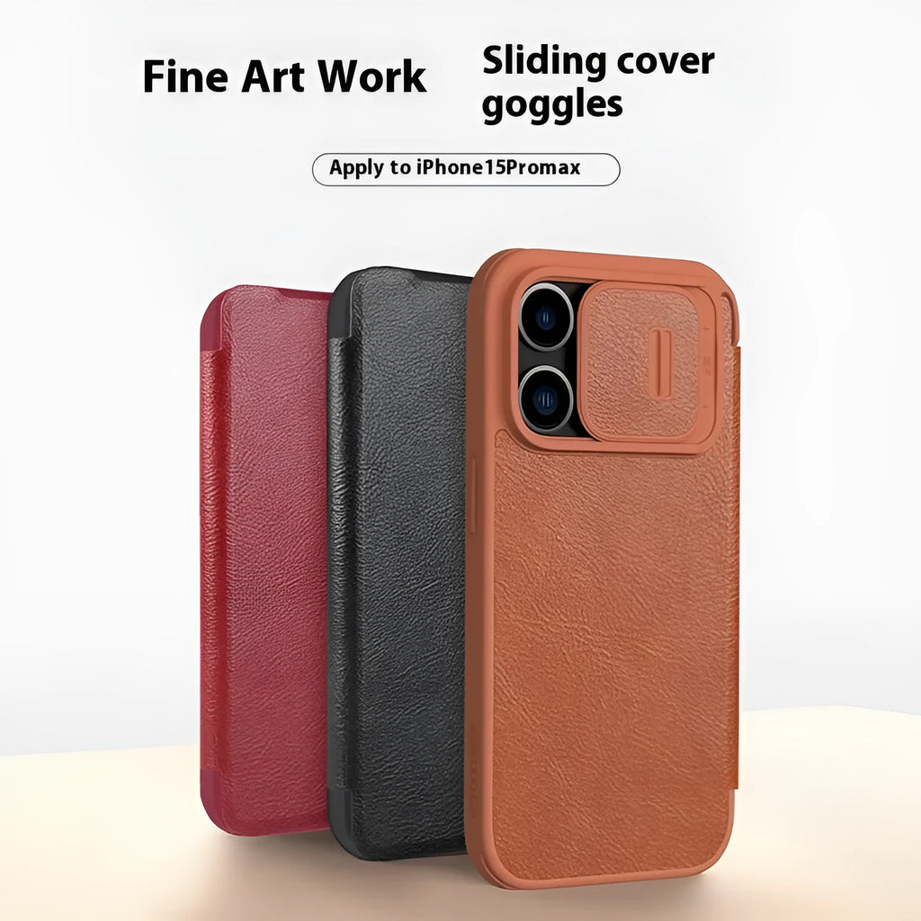 Imitation leather flip phone case for iPhone, shown in black, brown, and red colour options.