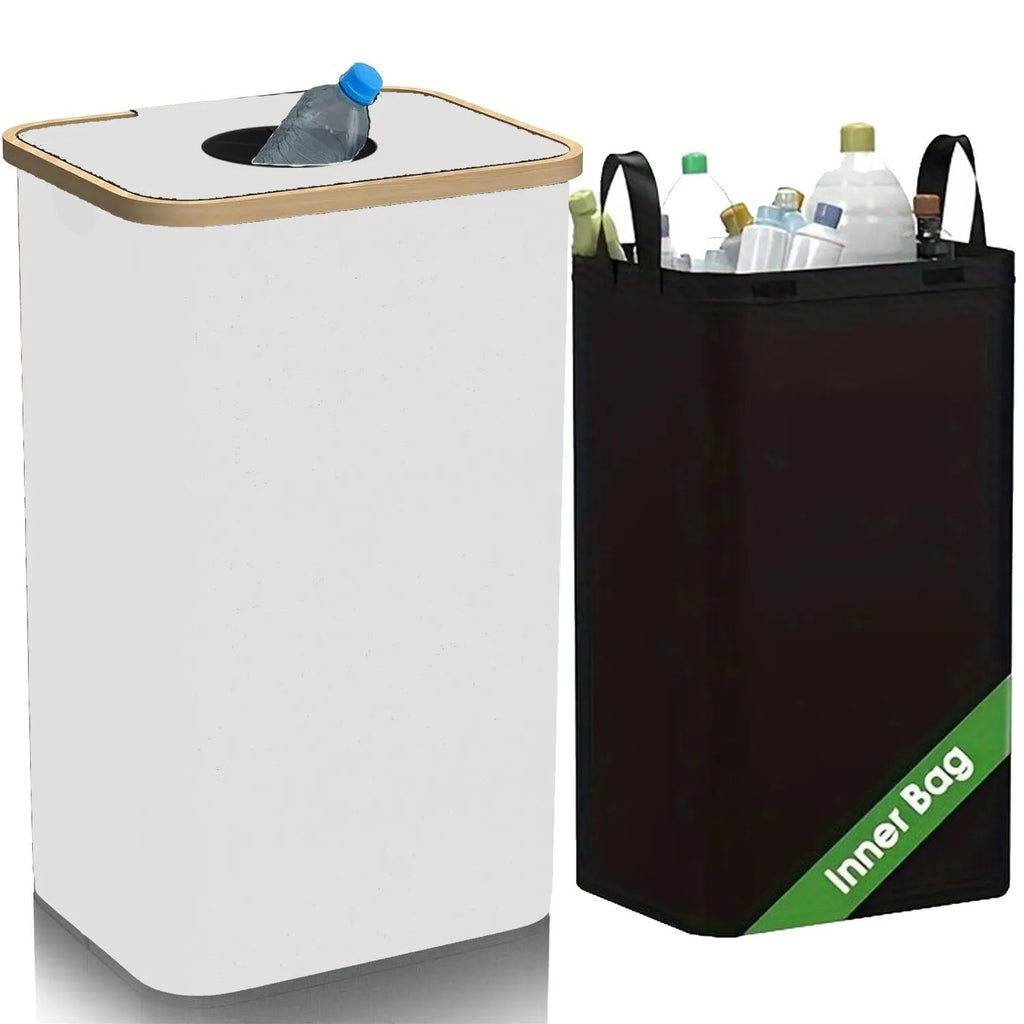 Black bamboo storage basket with removable lid showing ventilation holes and inner bottle compartment