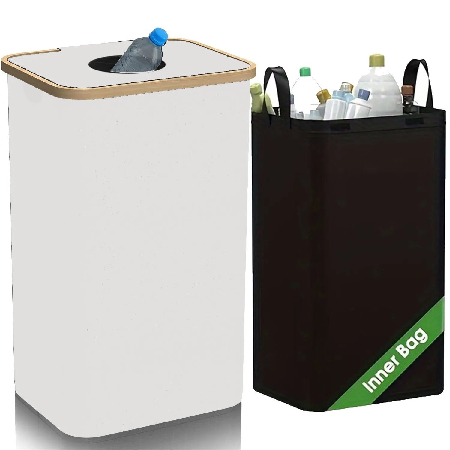 Black bamboo storage basket with removable lid showing ventilation holes and inner bottle compartment
