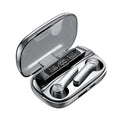 Black wireless Bluetooth TWS sports earbuds with touch controls on a white background.