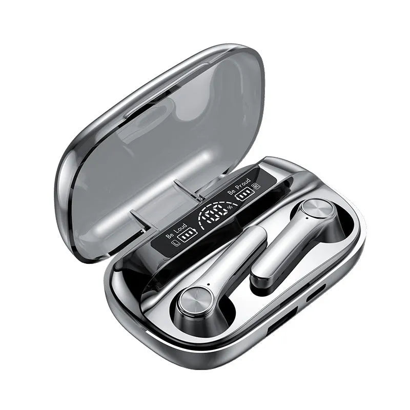 Black wireless Bluetooth TWS sports earbuds with touch controls on a white background.