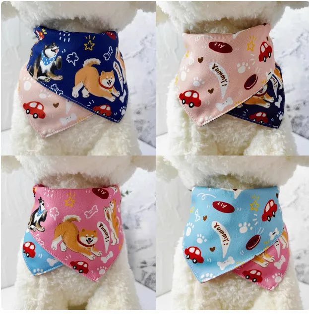 Shiba Inu wearing a reversible triangular binder scarf in pink with blue, size M, on a dog with a 30-40cm neck