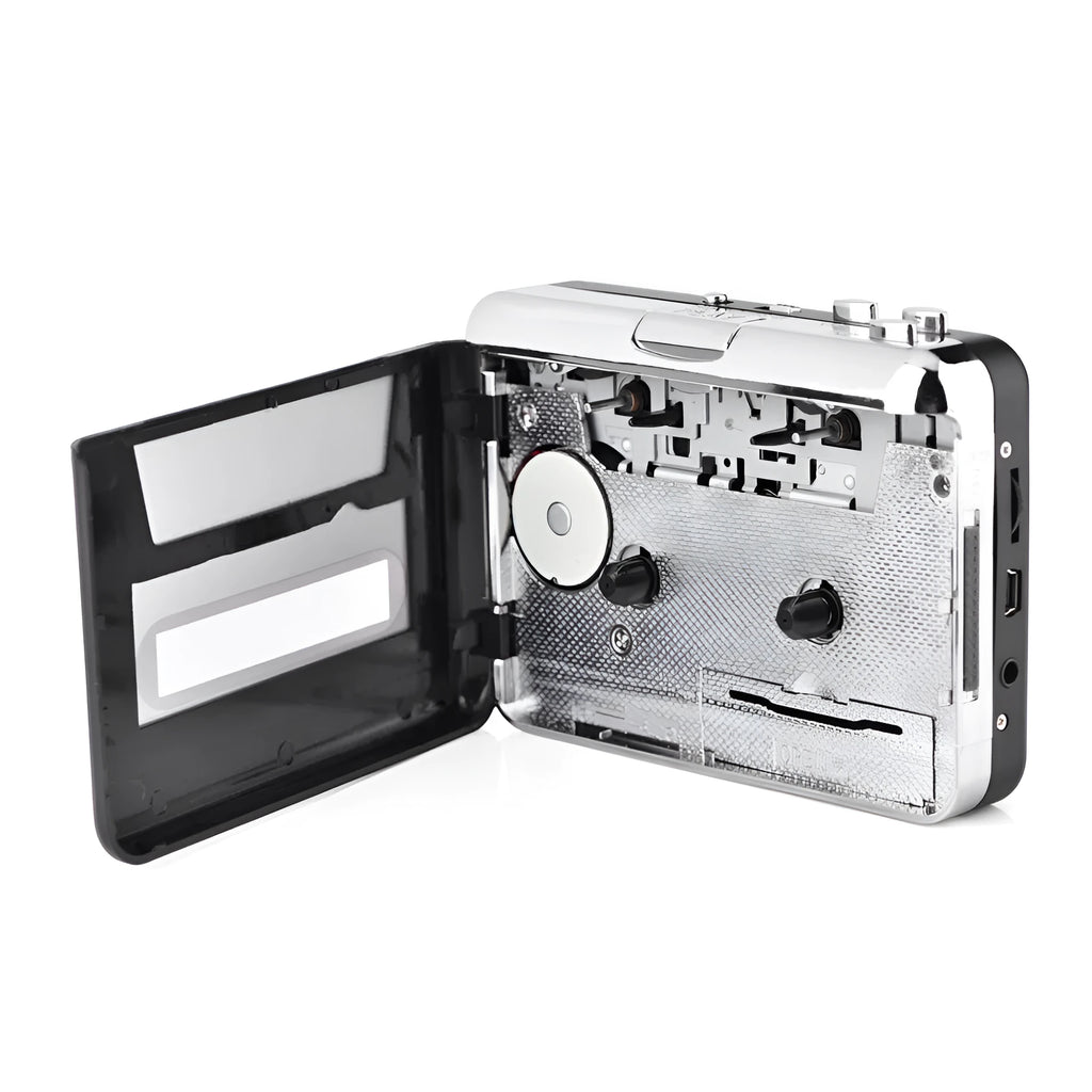 Silver USB cassette player converting tapes to MP3 files with included software and earphones