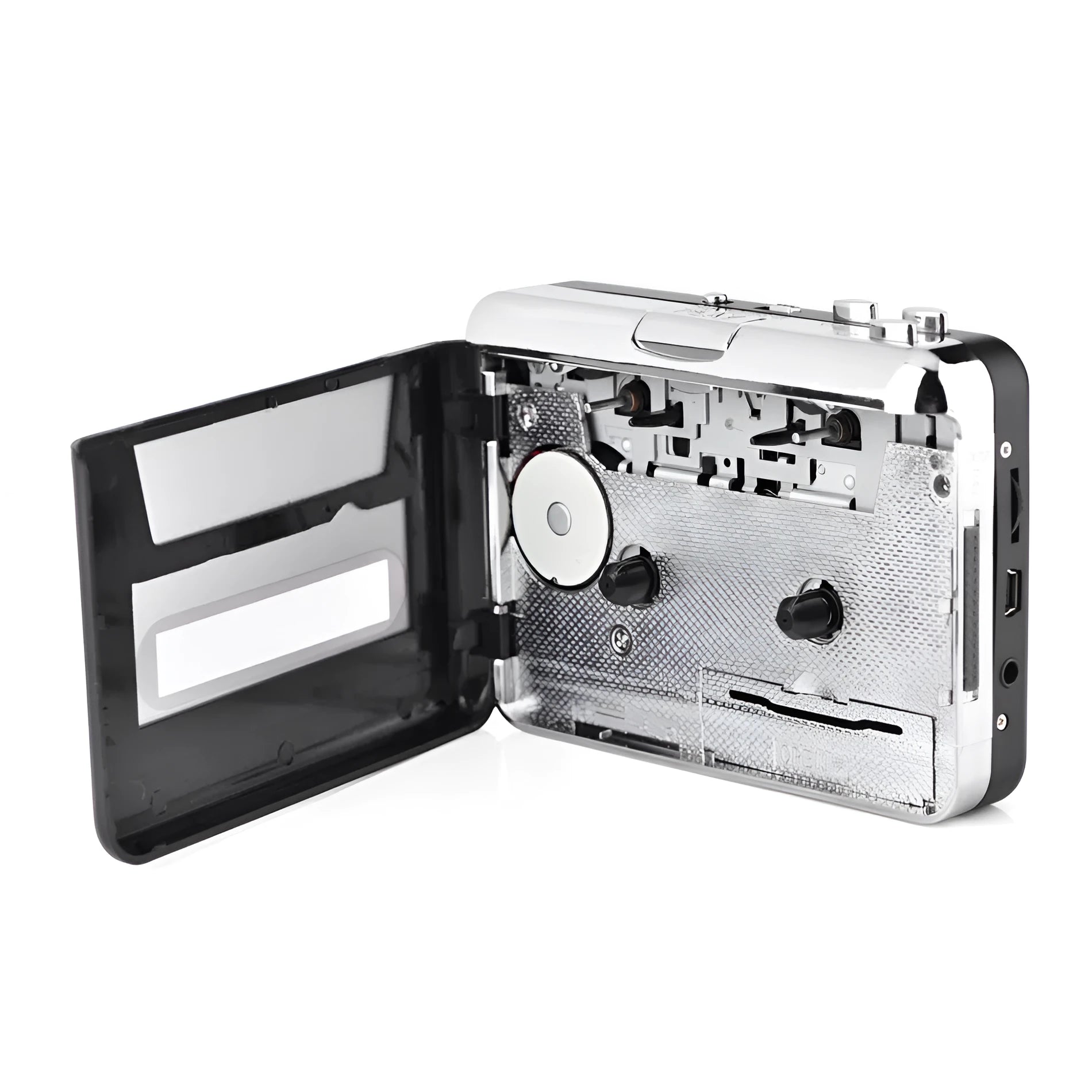 Silver USB cassette player converting tapes to MP3 files with included software and earphones
