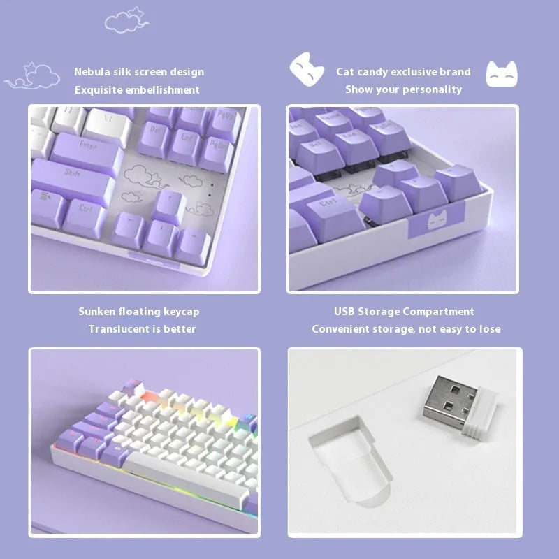 Wireless Bluetooth mechanical keyboard with metal frame in blue white or white purple colour options