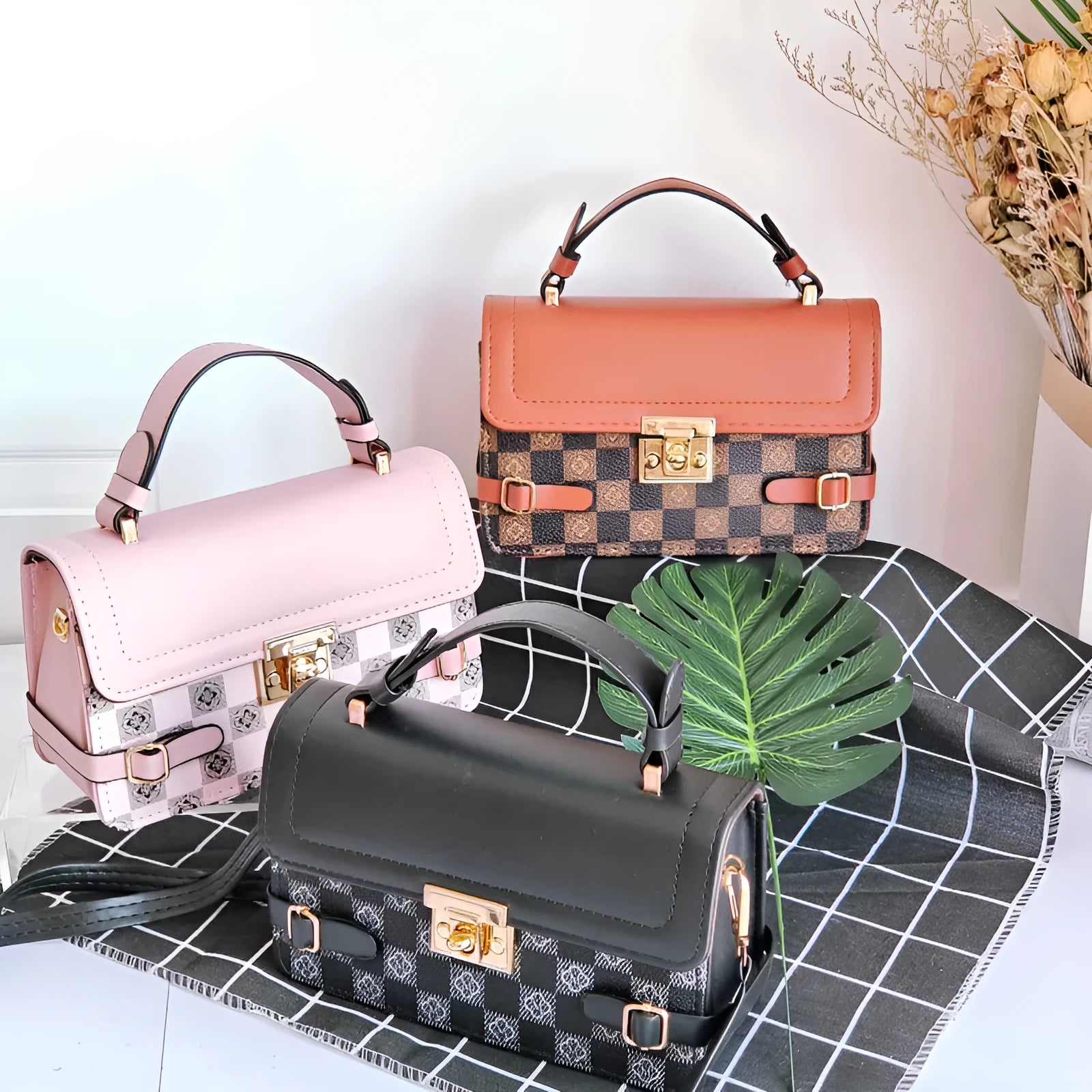 Retro small square pattern ethnic crossbody bag in apricot colour with floral stitching.