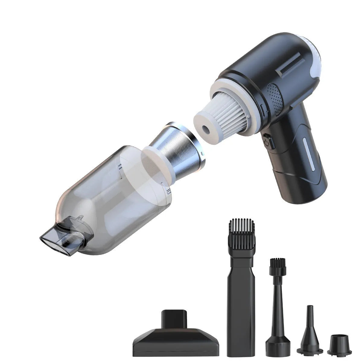 Handheld wireless pet vacuum cleaner with floor brush and nozzle attachments on a grey background