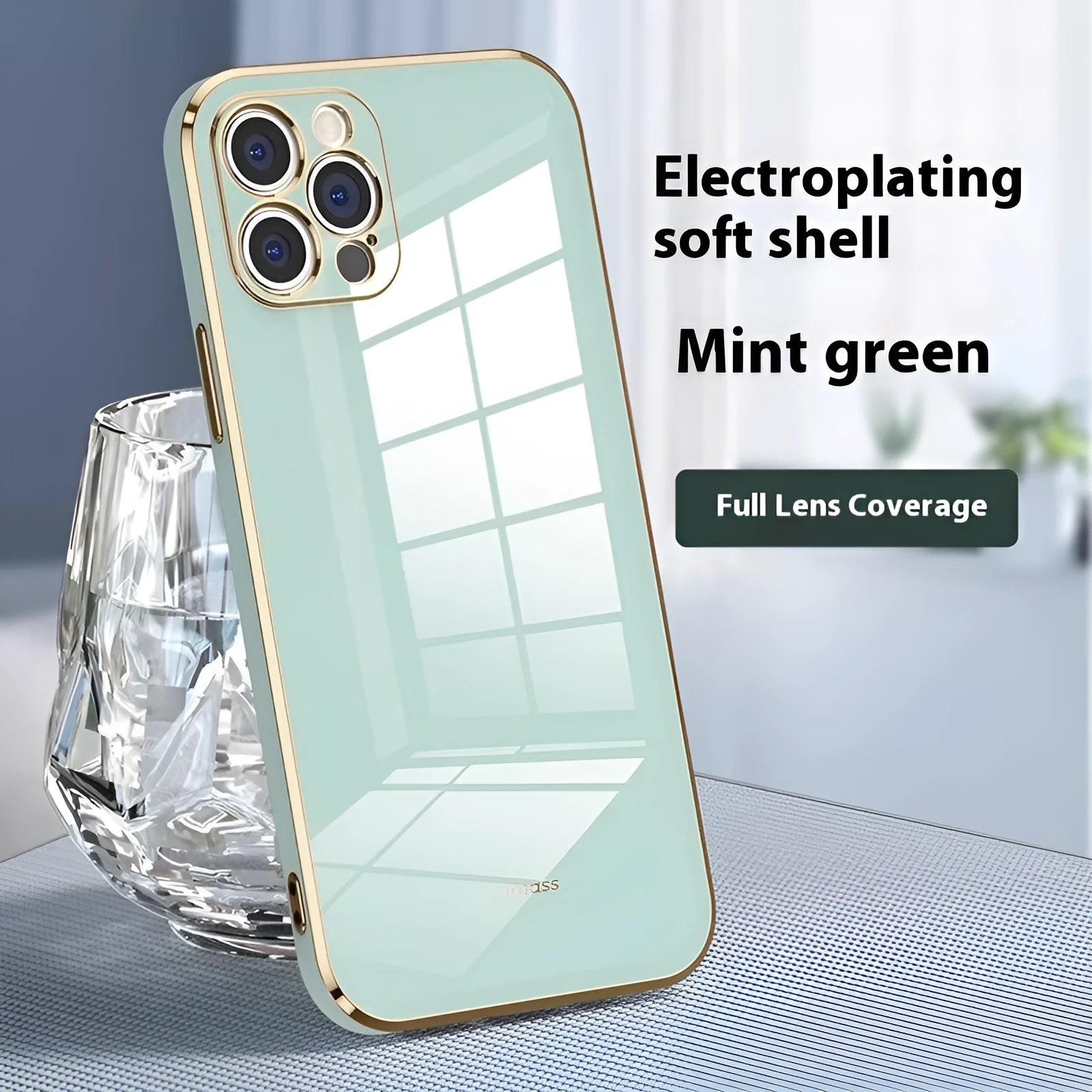 6D straight edge electroplating phone case for iPhone 16 in mint green colour, showing back and side view.