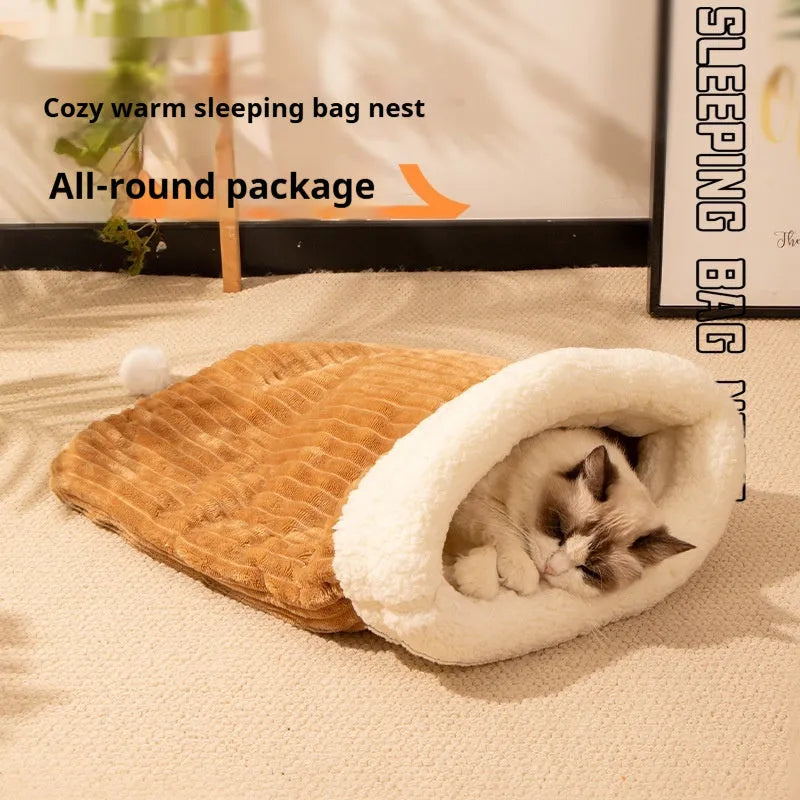 Flannel cat sleeping bag nest pet bed measuring 50x40cm with decorative embroidery