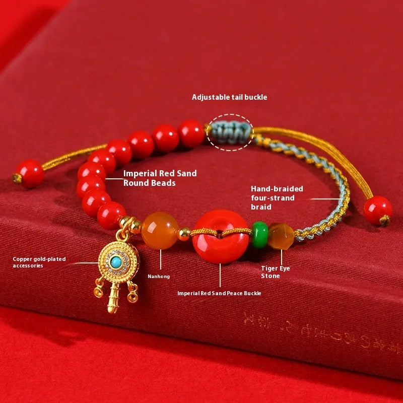 Cinnabar peace blessing buckle bracelet for women in emperor red sand colour with hand-woven geometric design