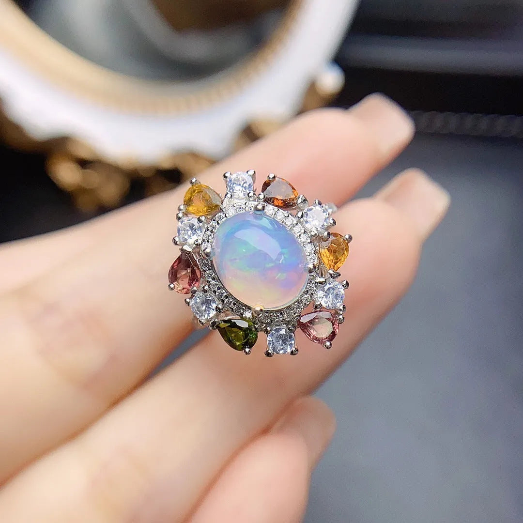 S925 silver opal ring with adjustable open band, women's coloured gemstone design