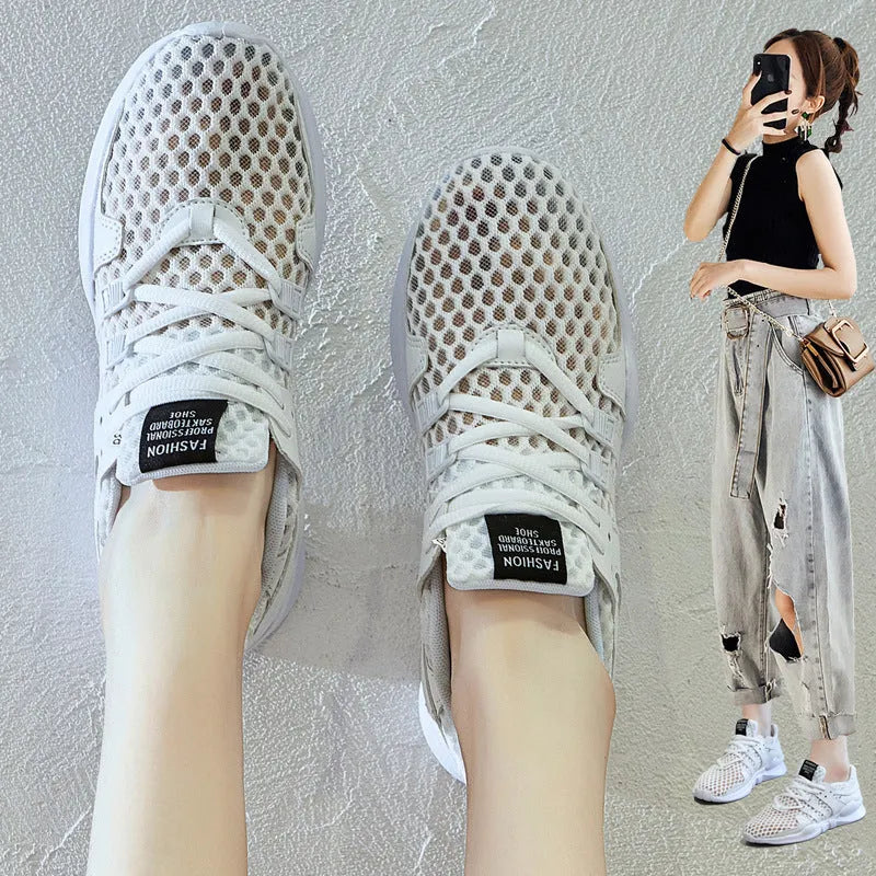 Casual low-top mesh sneakers with hollow breathable design in black and white colour options