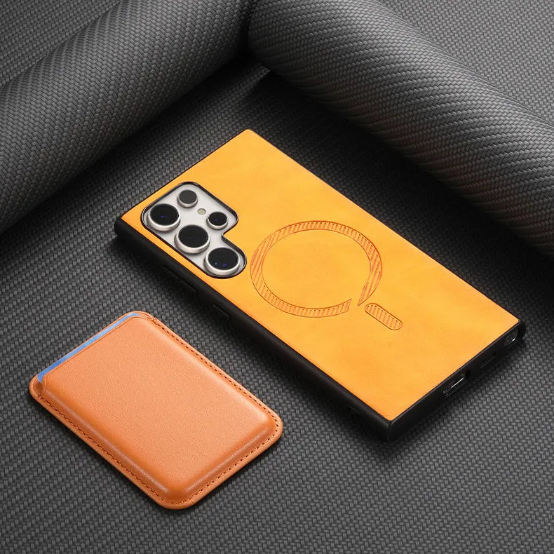 Silicone Samsung phone case with card case in purple, black, blue, orange, pink, brown or mint green.