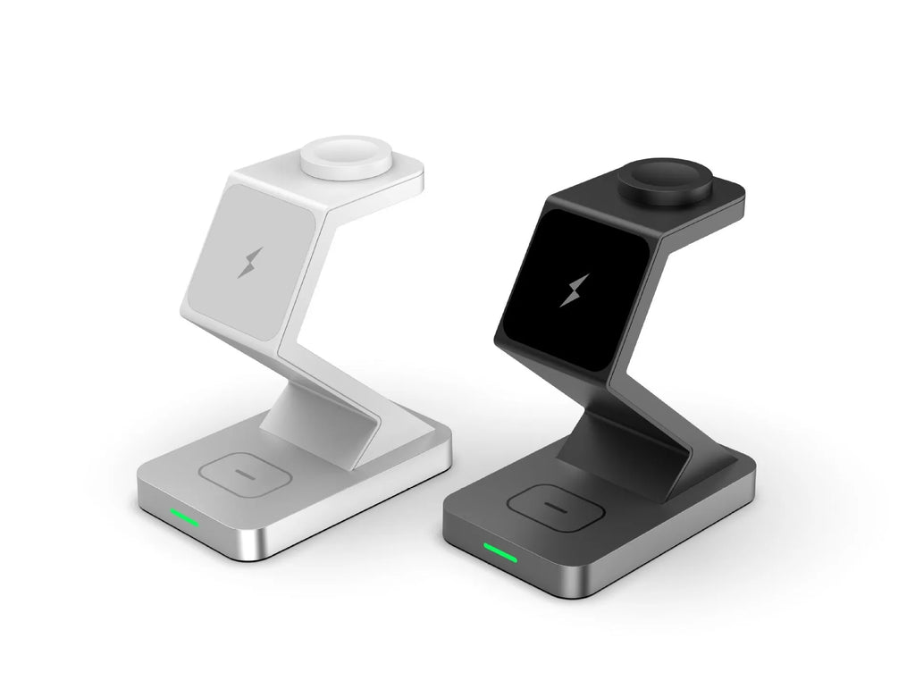 Three in one magnetic wireless charger phone holder with Type-C interface, shown in black or white, X3 suit model