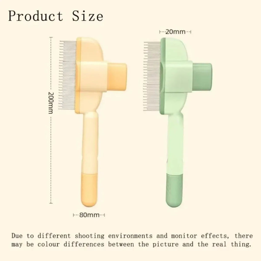 Green and yellow pet grooming brush with one-click hair removal and anti-mite cleaning bristles for dogs