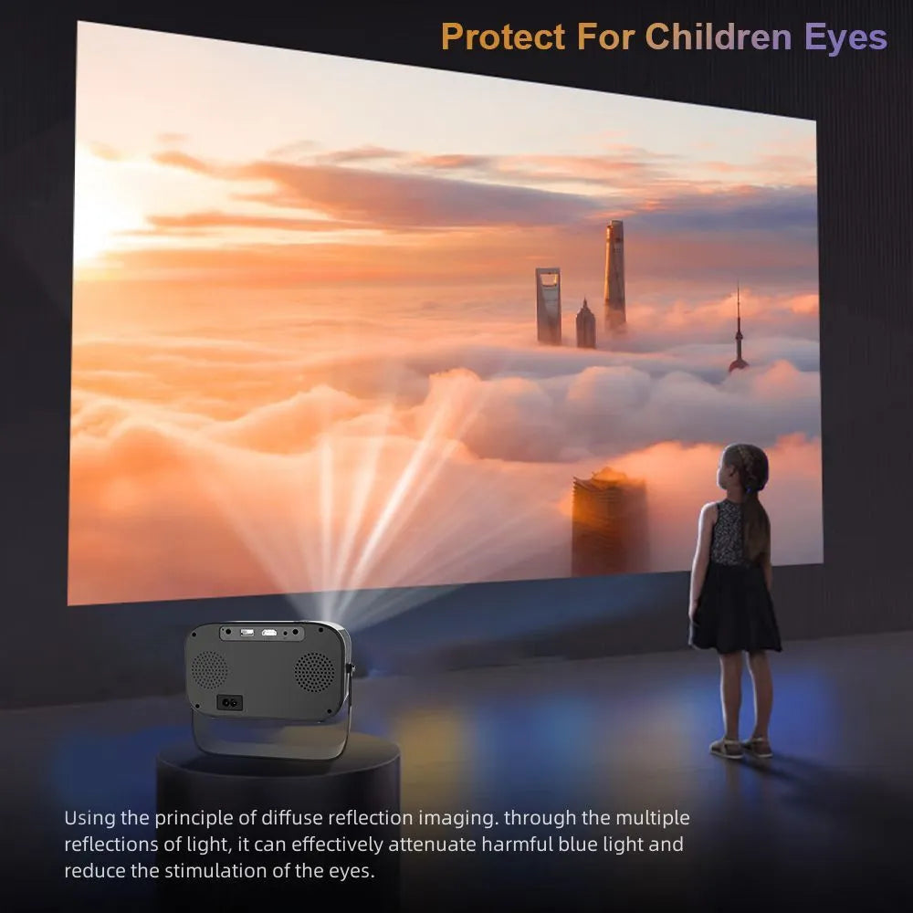 Black portable HD projector with Android system showing presentation on wall