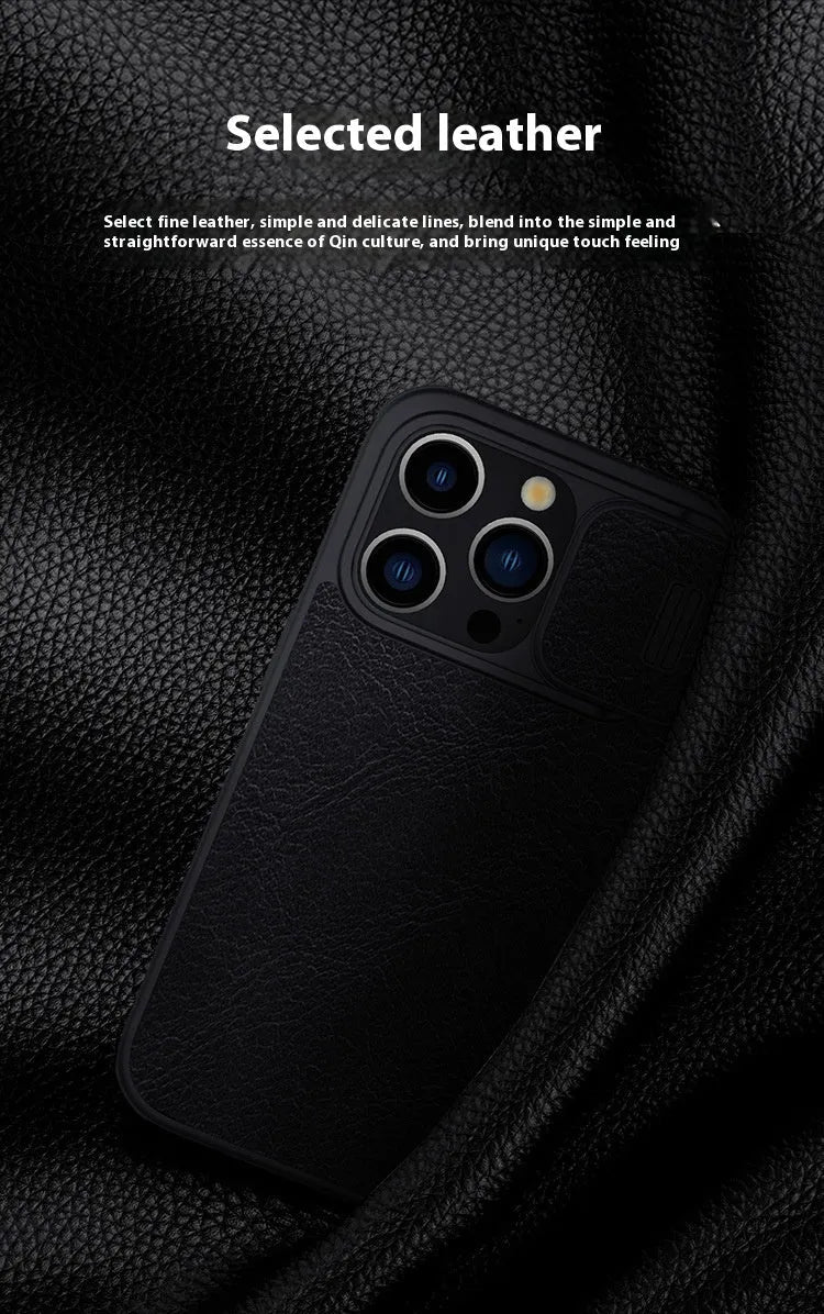 Imitation leather flip phone case for iPhone, shown in black, brown, and red colour options.