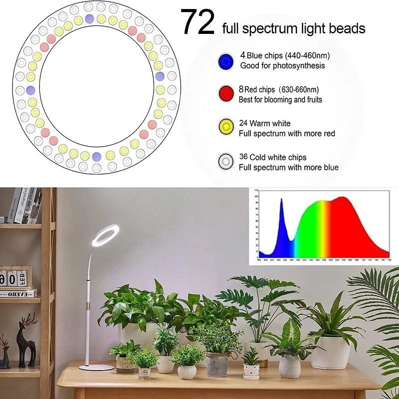 Pearl White floor-standing angel ring LED grow light with retractable pole next to indoor plants.