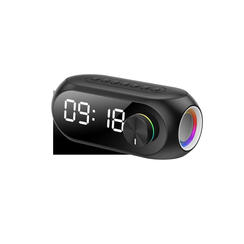 S8 Black portable mini Bluetooth speaker with extra bass and digital clock display on front.