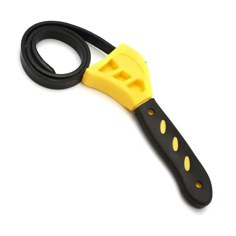 Adjustable rubber strap wrench with plastic rubber grip and metal handle, showing the strap loop and adjustment mechanism.