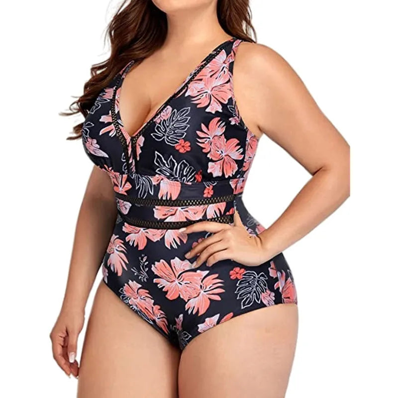 Women's black printing polyester mesh plus-size bikini swimsuit on hanger