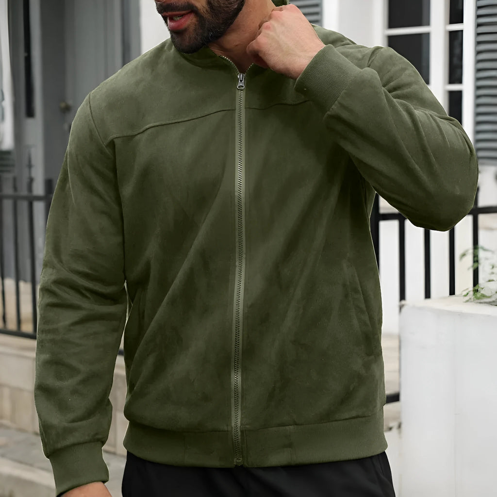 Men's solid colour suede fleece slim fit zip jacket, long sleeves, dart pockets, available in khaki, black, army green
