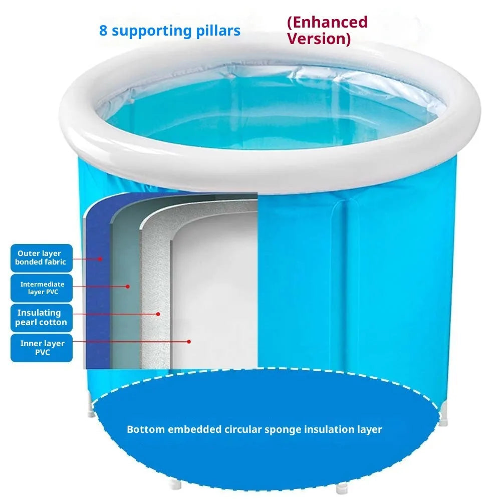 Blue inflatable bath barrel for adults made from environmentally friendly PVC, folded and inflated.