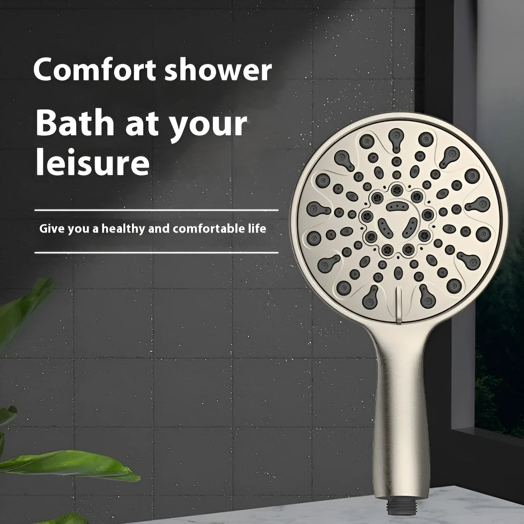 Portable 6-inch handheld shower head with electroplated finish showing multiple spray functions