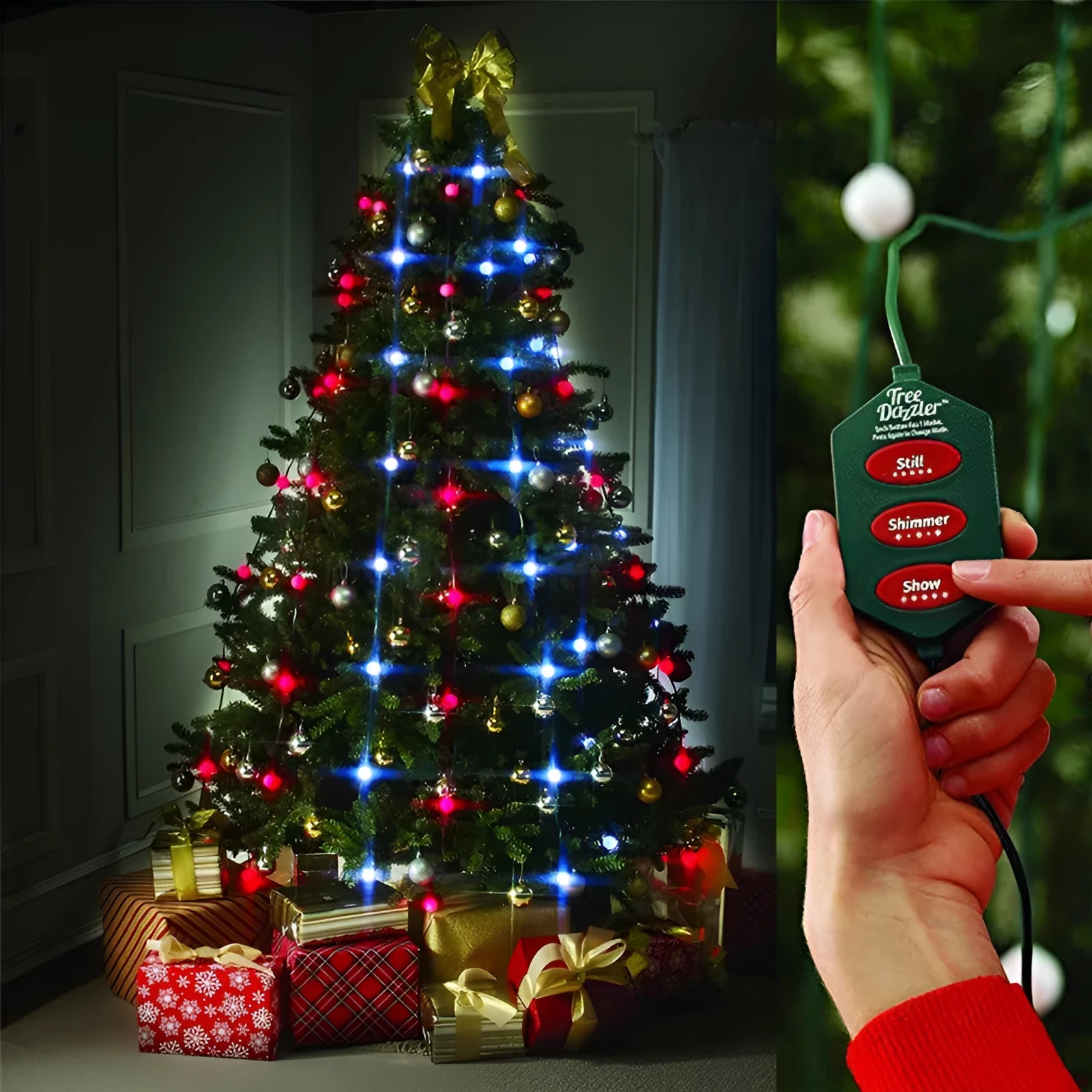 64 LED Christmas tree light string with button control for dimming and colour change functions