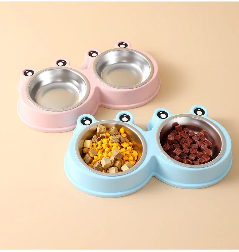 Blue stainless steel double pet bowl for cats and dogs with non-slip rubber base.