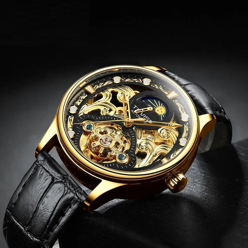 Men's gold and white leather strap automatic waterproof watch with business style.