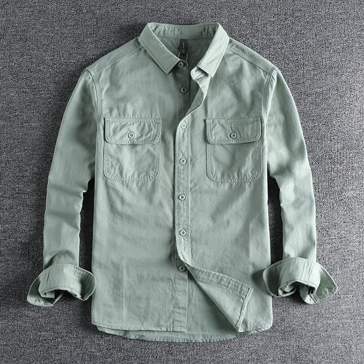 Men's loose fit long sleeve overalls shirt in polyester fabric with cardigan style front