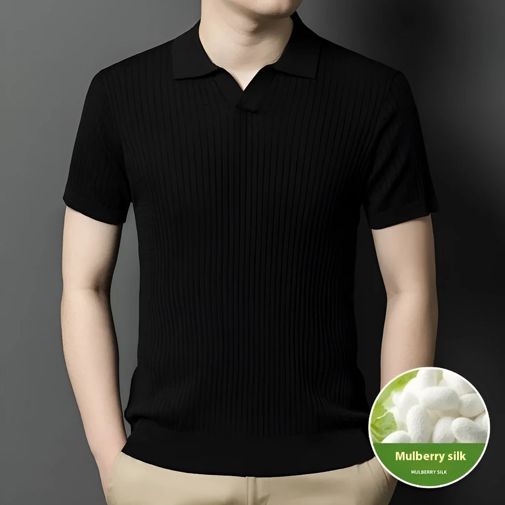 Men's striped mulberry silk T-shirt with lapel collar in multiple colours