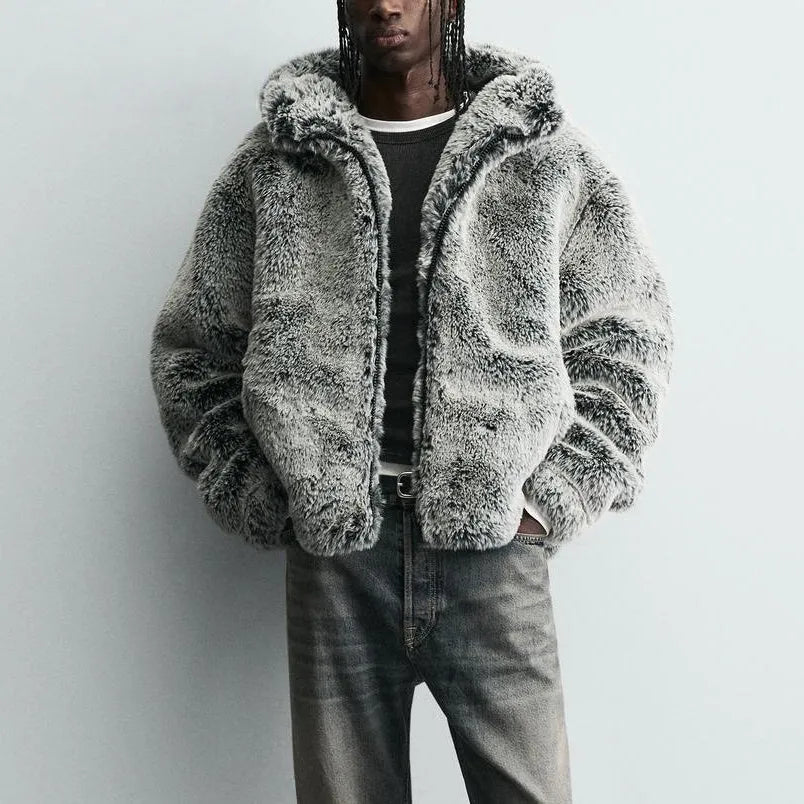 Grey green hooded faux fur jacket coat for men with side pockets and tie-dye pattern