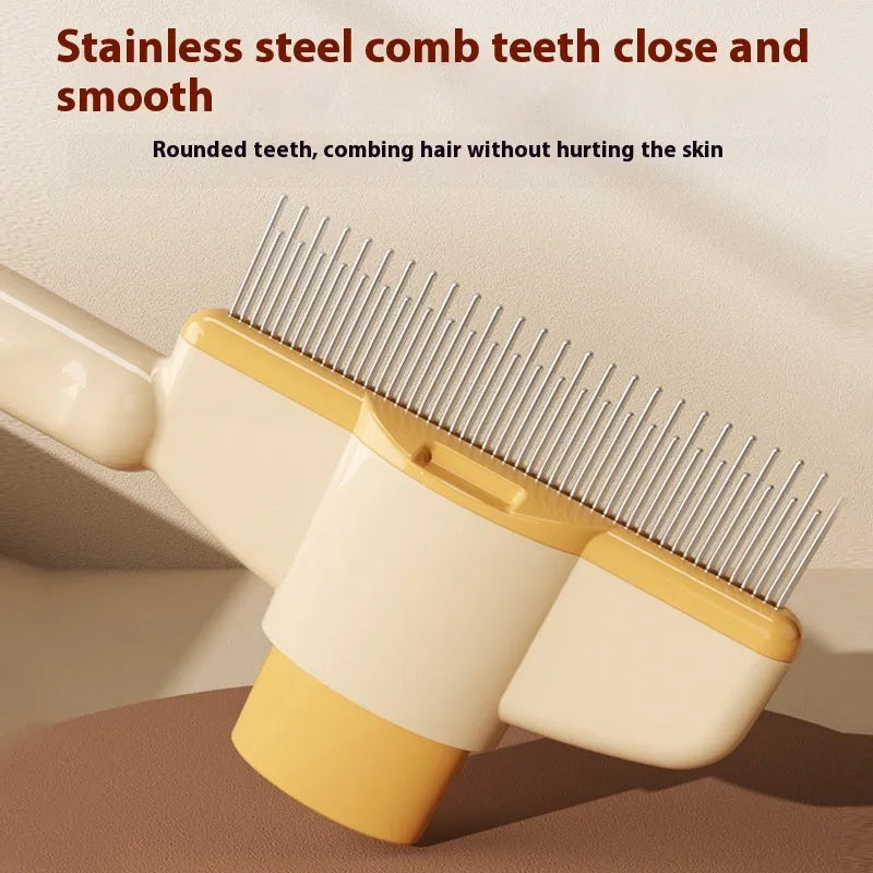 Yellow and green self-cleaning pet combs with stainless steel teeth on a white background